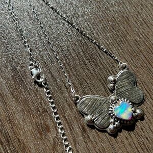 925 Sterling Silver Butterfly Necklace Aurora Opal Accent